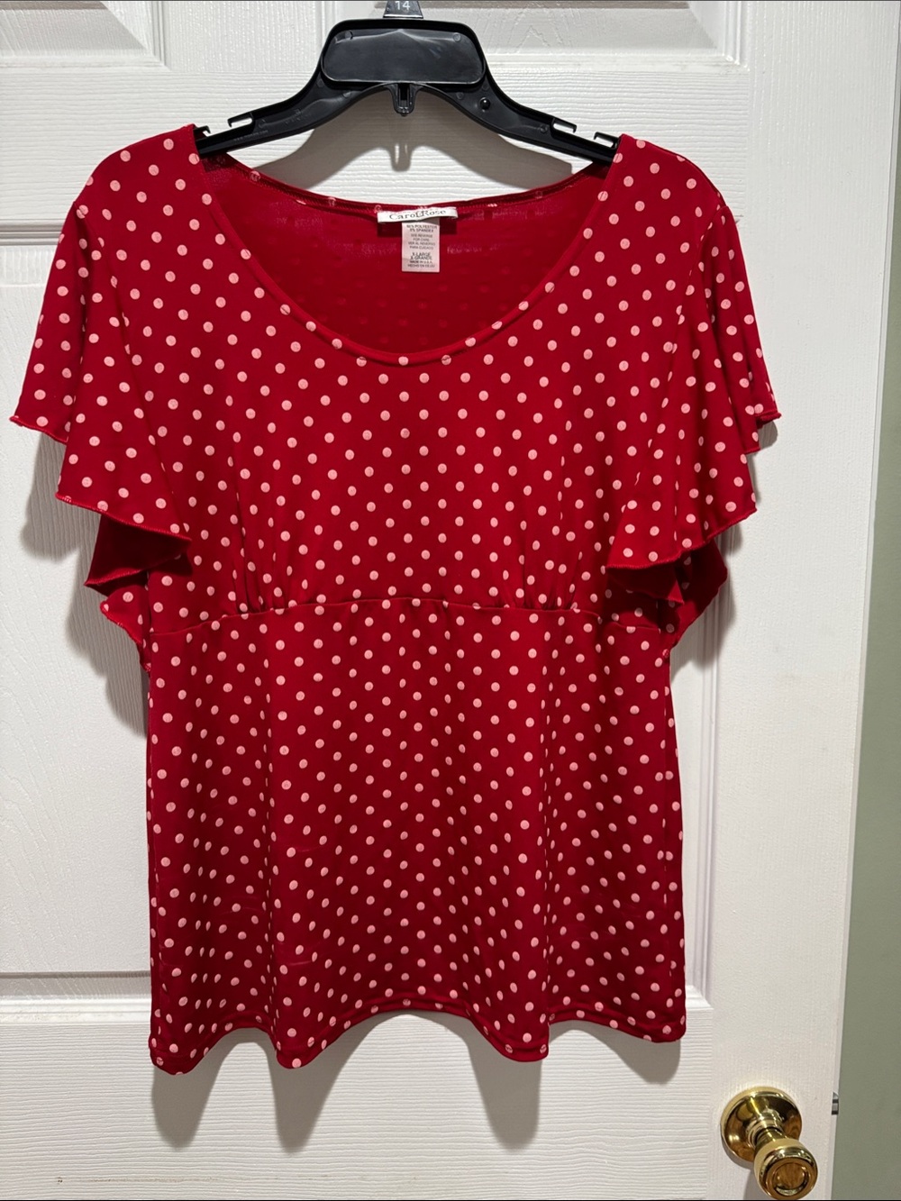 Women’s Carol Rose Red Polka Dot Scoop Neck Flutter Sleeve Top XL